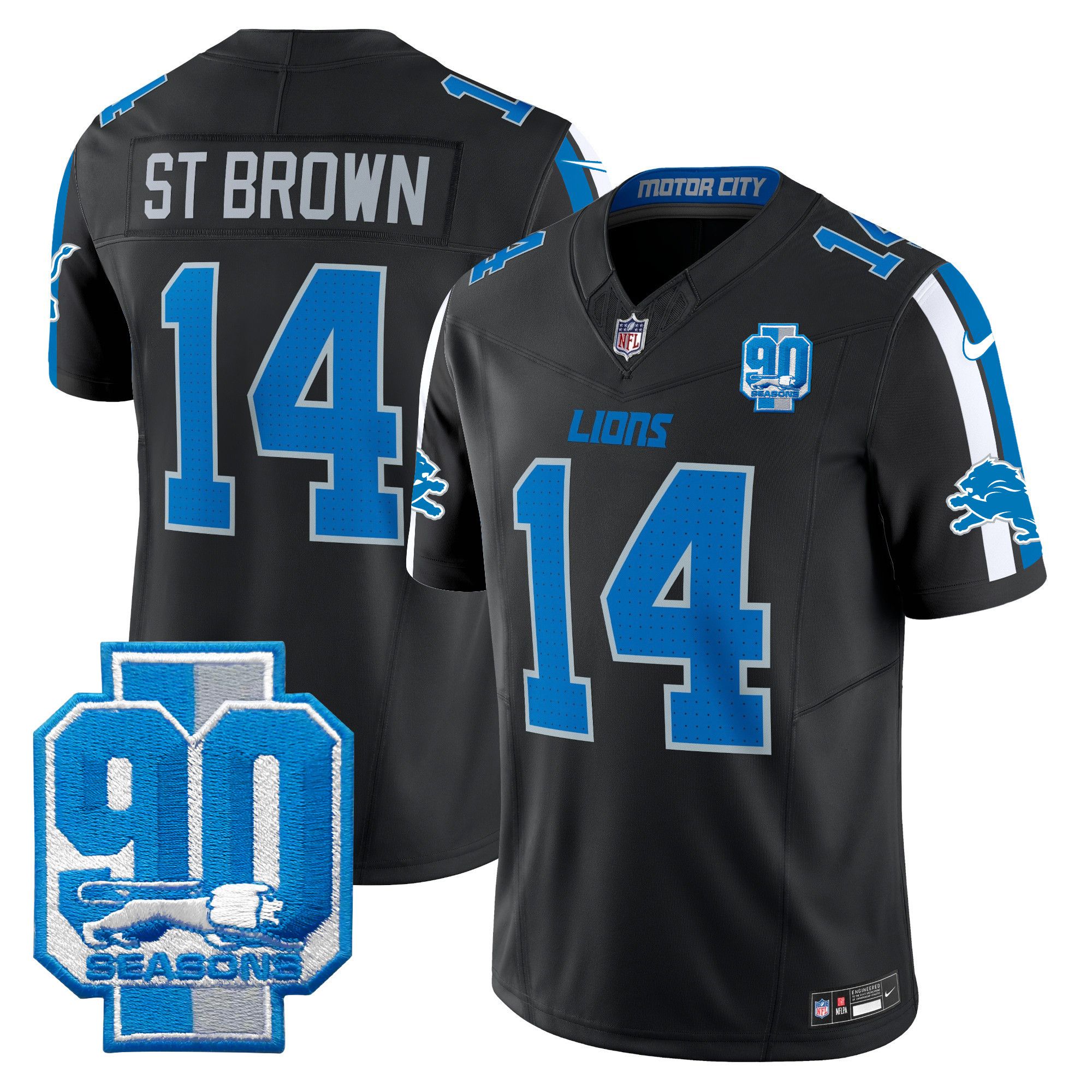 Men Detroit Lions 14 ST Brown Black 2024 Nike 90th Year Patch Vapor Limited NFL Jersey